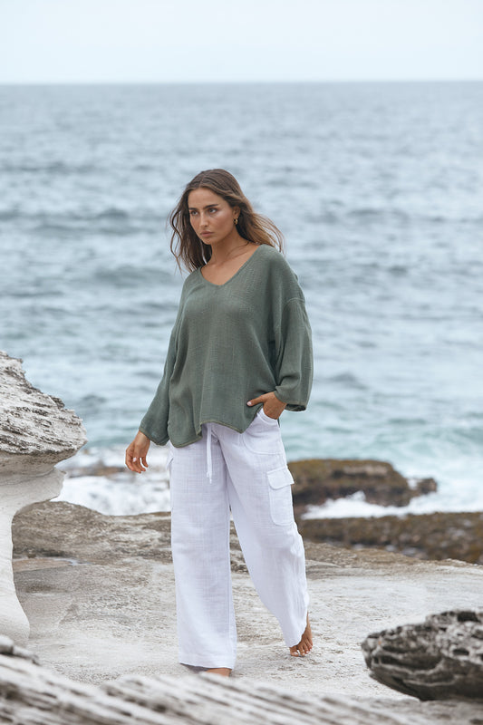 Carbon: Estelle V Neck Hessian Top Long Sleeve