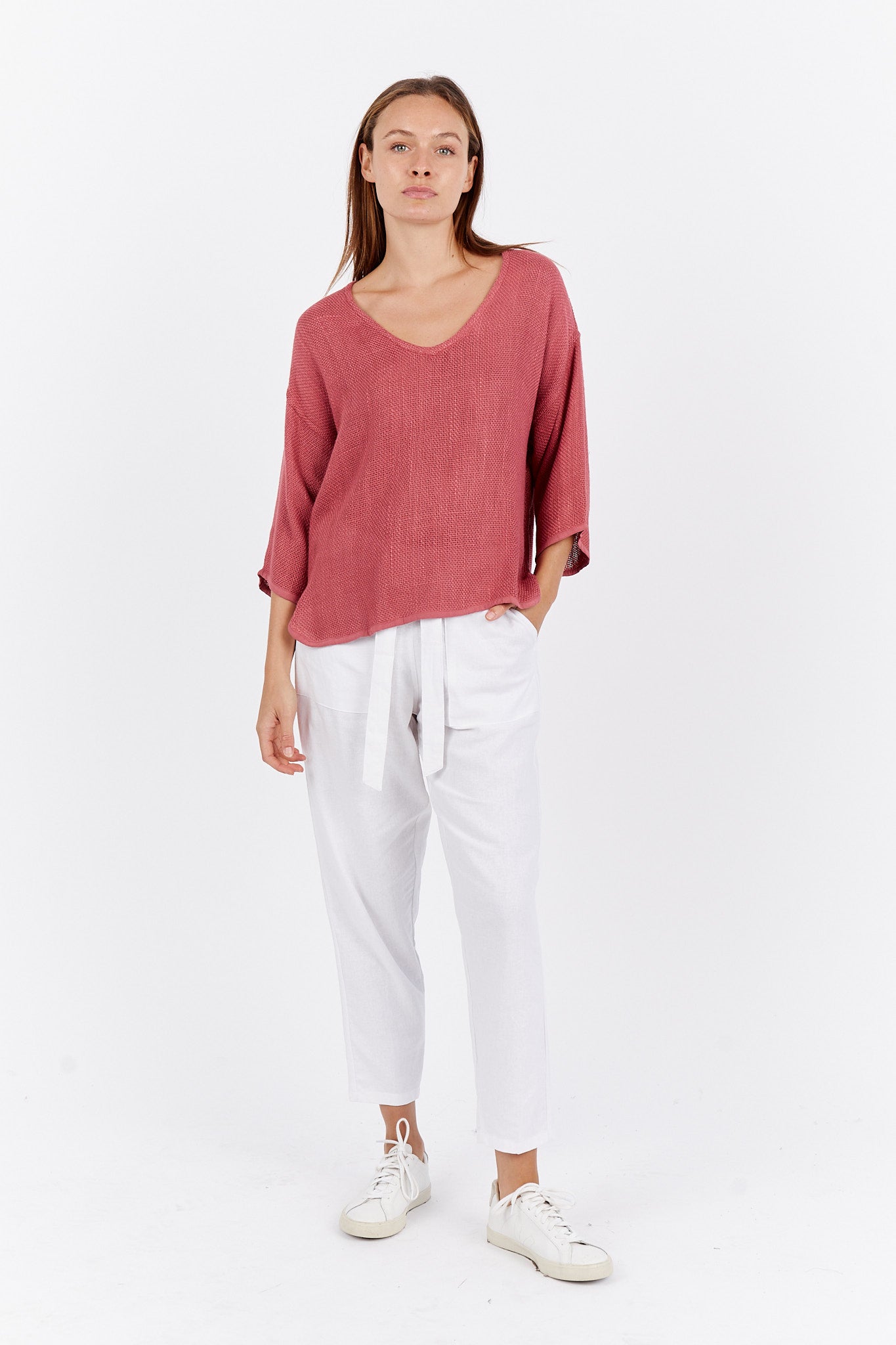 Carbon: Estelle V Neck Hessian Top Long Sleeve