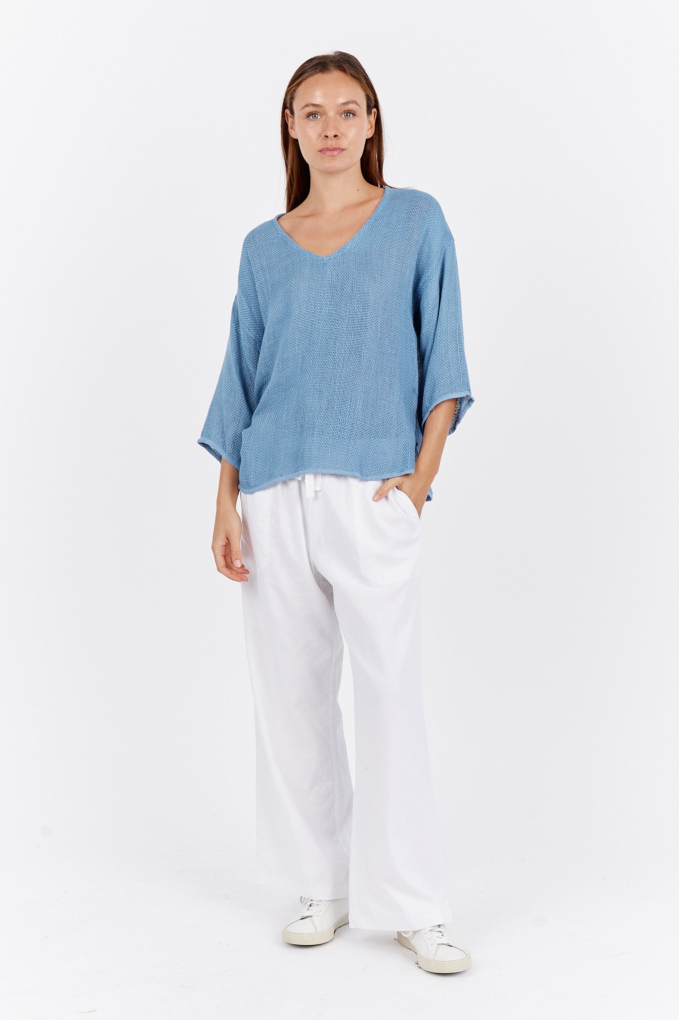 Carbon: Estelle V Neck Hessian Top Long Sleeve